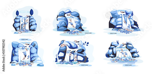 Idea of financial growth and business development. Business investment and profit increase, financial literacy courses. Waterfall with money dollar bills. Cash flow stable income. Money flows metaphor