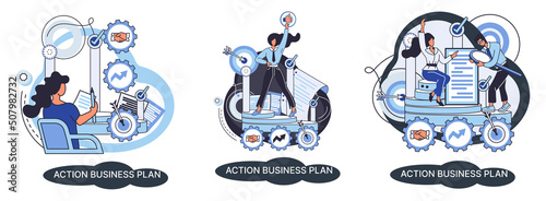 Action business plan, development strategies, foreseeing market risks. Company success secret, idea growing business achieve target metaphor, study production and sales market. Strategic biz planning