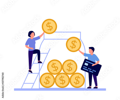 Family man and woman collect money salary into huge glass jar for save coin and make profit. Golden coins for savings, save in account, invest. Finance budget economy. Vector illustration