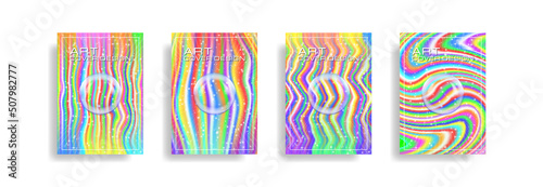 Vector set of gradient bright abstract wavy multicolor covers. Art design. Transparent bubble, radiant stars and frame