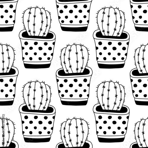 Seamless pattern with home plants in hand drawn style. Outline hand drawing. Illustration for textiles, stickers, cards, wallpaper, wrapping paper. Isolated on white background vector illustration