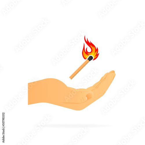 Hand holding match with fire. Realistic hand. White background. Vector illustration.