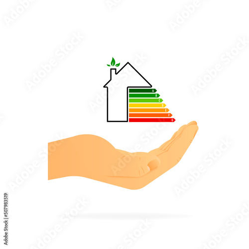 Hand holding energy efficiency chart. Realistic hand. White background. Vector illustration.