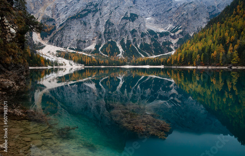 Relaxing view of the Lake Braies, Italy. Lake Braies (Pragser Wildsee) is a lake in the Dolomites in South Tyrol. 