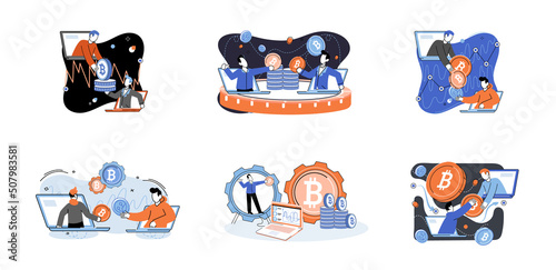 Cryptocurrency bitcoin mining metaphor Blockchain exchange platform. Cyber banking procedures, bitcoin trading, wallet. Ecurrency transactions. Digital currency, cryptocurrency market, hidden mining