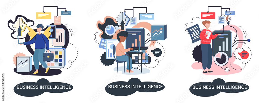 Fototapeta premium Business intelligence, data analysis, obtaining analytical information for making strategic business decisions. Problem solving to get results, management tools, enterprise strategy development