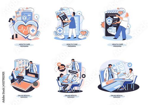 Health care program metaphor, online medical services, protection medicine. Medical insurance, hospital services, preventive check up, sick leave certificate treatment diagnosis patients, telemedicine