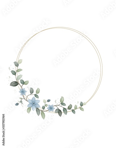 Round golden frame with blue watercolor flowers and leaves, template, vector illustration.