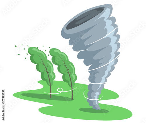 Natural landscape with tornado, tall green trees bend in wind. Bad weather and climate change. Destructive twister natural phenomenon with strong wind. Natural disaster thunderstorm, windstorm