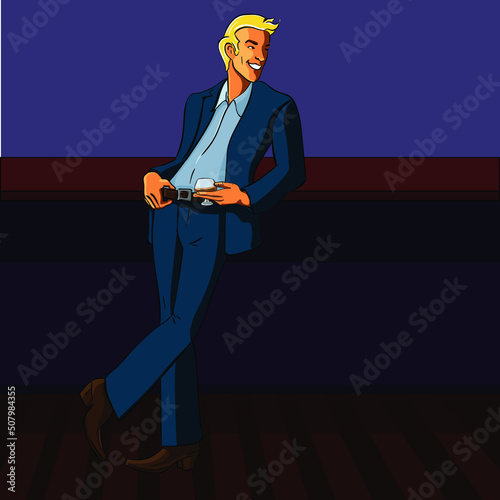 A blond guy in a classic suit leaned on the bar with a glass in his hand