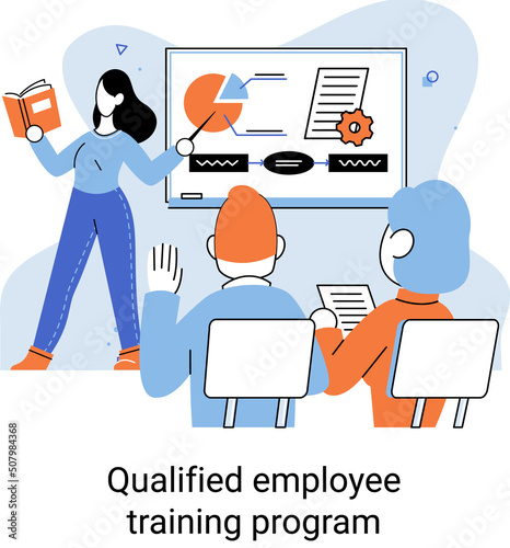 Qualified employee training program. Refresher course metaphor. Help in professional development. Learning for software development and growth. Agile project management team project life scrum meeting