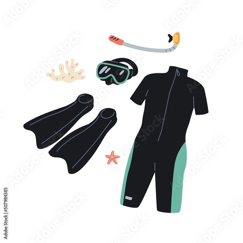 Diving wet suit, flippers, goggles mask, scuba tube for snorkeling. Wetsuit, jumpsuit for underwater swimming, foot fins, glasses. Divers wearing. Flat vector illustration isolated on white background