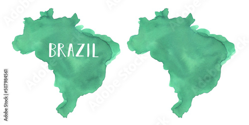 Watercolour drawing of Brazil Map in emerald green color. Blank one variation and with text lettering. Hand painted illustration on white, cut out clip art elements for design, card, banner, poster.
