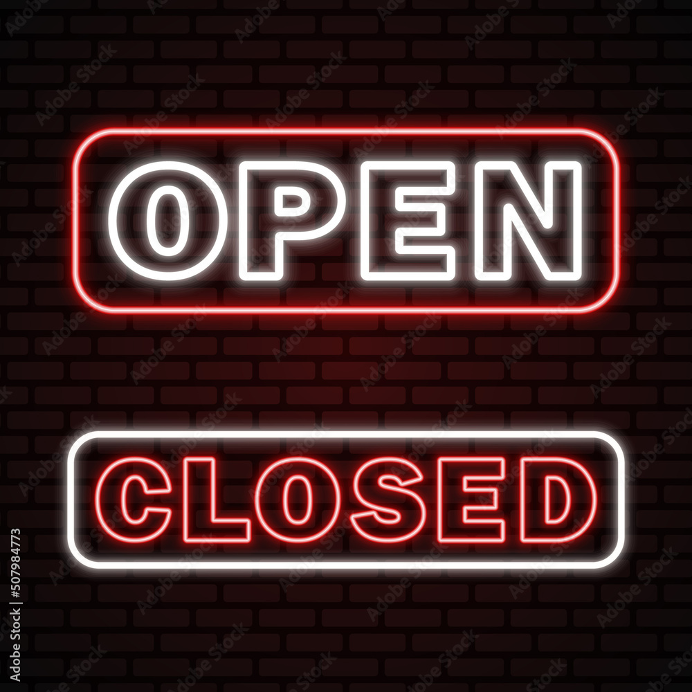 Obraz premium Open and closed neon signboards. Neon lettering into glowing frames on dark brick wall. Best for polygraphy, mobile apps and web design.