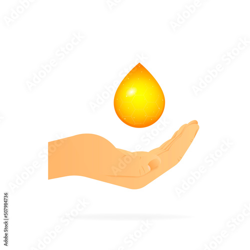 Hand holding liquid drop. Realistic hand. White background. Vector illustration.