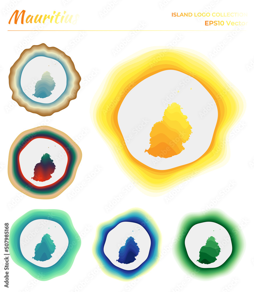 Mauritius logo collection. Colorful badge of the island. Layers around Mauritius border shape. Vector illustration. Mauritius logo collection. Colorful badge of the island. Layers around Mauritius border shape. Vector illustration.