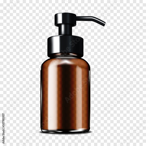 Blank dark brown clear glass or plastic cosmetic bottle with pump dispenser black cap on transparent background realistic mockup. Beauty product container vector mock-up. Template for design