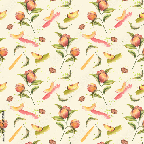 Seamless watercolor pattern with juicy peaches, slices of peach, leaves, colorful strokes and splashes on cream background. Botanical design with useful fruits for fabrics, textile, wallpaper.