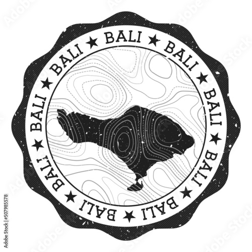 Bali outdoor stamp. Round sticker with map of island with topographic isolines. Vector illustration. Can be used as insignia, logotype, label, sticker or badge of Bali.