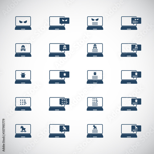 Malware content icon set. Alert notification on laptop computer , malware concept, spam data, online scam, virus , vector illustration.