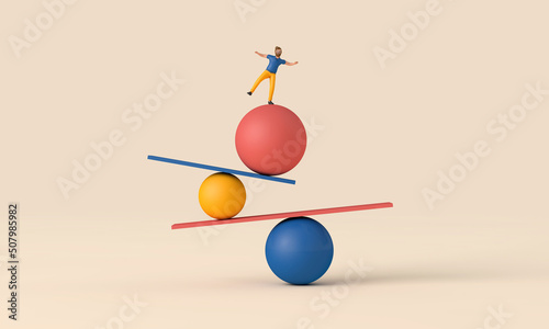 A male character balancing on unstable shapes. 3D Rendering