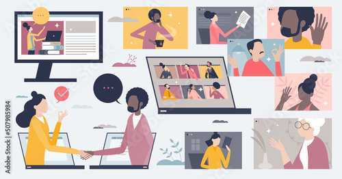 Remote communication and distant video call tiny person items collection set. Business meeting and talking about project using webcam and distant screen sharing vector illustration. Online teamwork.