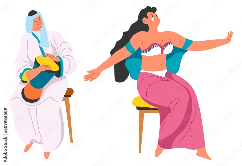 Arabic culture, dancer and musician duo vector Arabic culture, dancer and musician duo vector