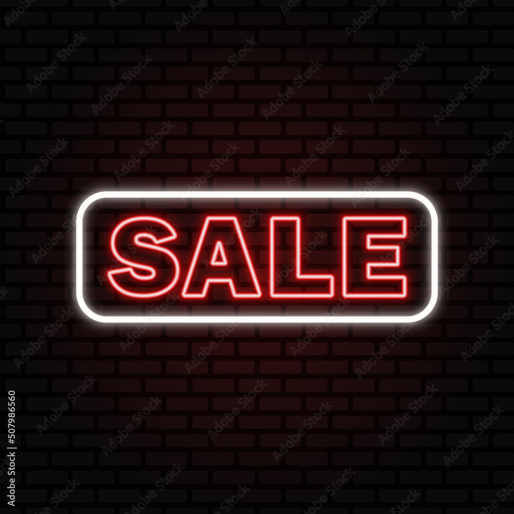 Sale neon signboard. Neon lettering into glowing frame on dark brick wall. Best for polygraphy, mobile apps and web design. Sale neon signboard. Neon lettering into glowing frame on dark brick wall. Best for polygraphy, mobile apps and web design.