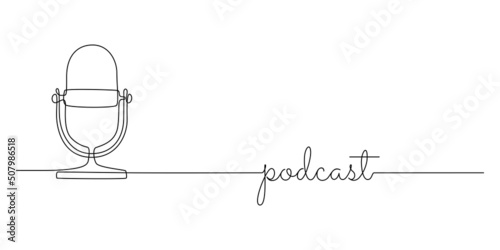 Continuous one line drawing of podcast microphone. Vintage mike in simple linear style for banner music, webinar, online training. Editable stroke and Doodle vector illustration