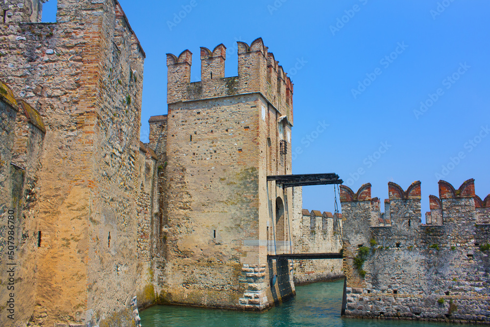  Scaliger Castle (13th century) in Sirmione on Garda lake in Italy