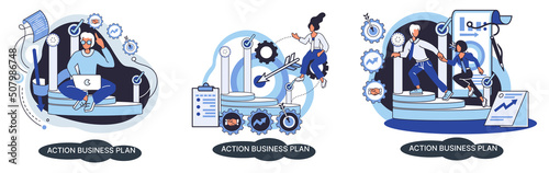 Action business plan, development strategies, foreseeing market risks. Company success secret, idea growing business achieve target metaphor, study production and sales market. Strategic biz planning