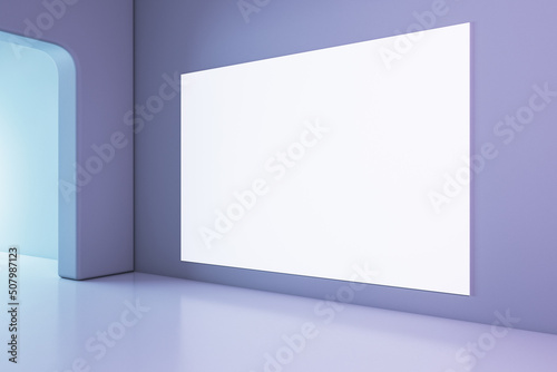 Modern bright gallery interior with white mock up banner on wall. Museum and art concept. 3D Rendering.