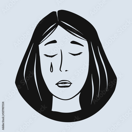 Woman feels unhappy, crying, depressive mood. Hand drawn vector illustration of person with panic or mental disorder. Anxiety, depression, stress, headache.