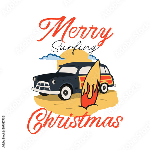 Merry Surfing Christmas badge design with surf old retro car and surfboard. Xmas typography emblem label llustration. Stock print for t shirt, logotype, cards