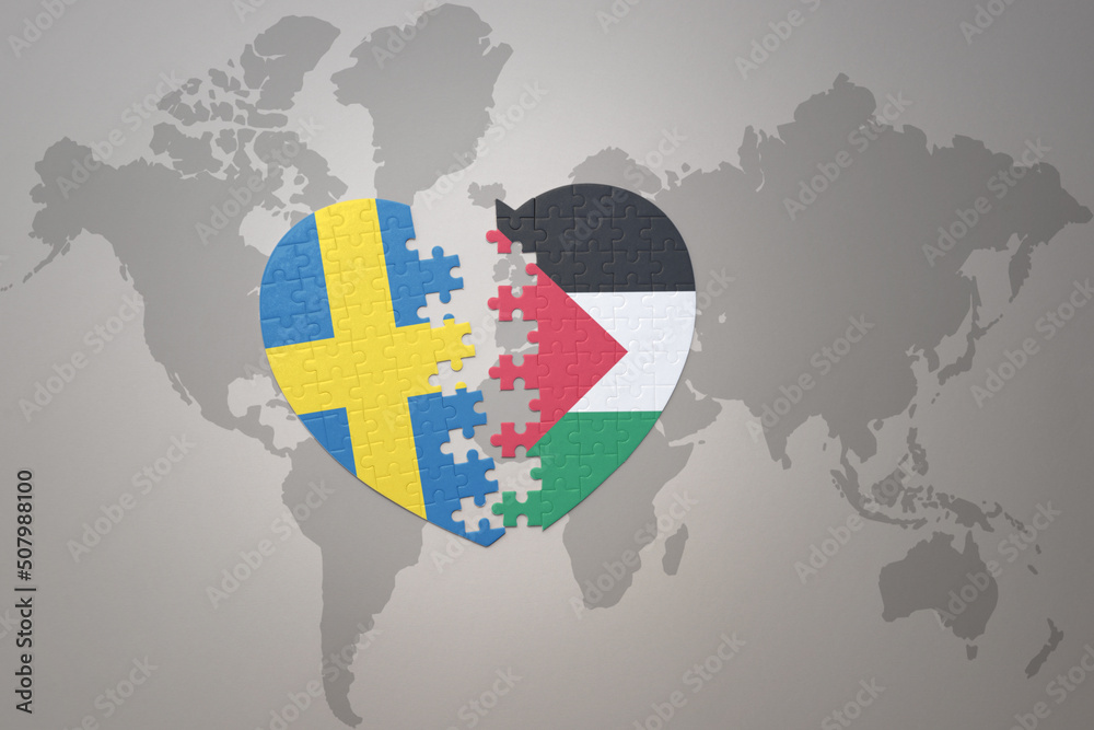 puzzle heart with the national flag of sweden and palestine on a world