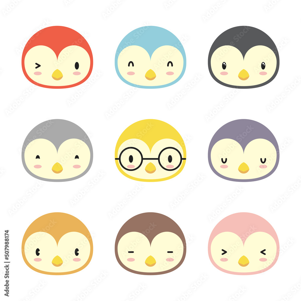Set of various avatar penguin facial expressions. Adorable cute baby animal head vector illustration. Simple flat design of happy smiling animal cartoon face emoticon. Colorful on a white background. Set of various avatar penguin facial expressions. Adorable cute baby animal head vector illustration. Simple flat design of happy smiling animal cartoon face emoticon. Colorful on a white background.