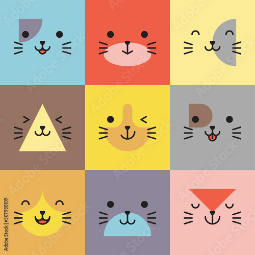 Set of various avatars of cat facial expressions. Adorable cute baby animal head vector illustration. Simple design of happy smiling animal cartoon face emoticon. Graphics and colorful backgrounds.