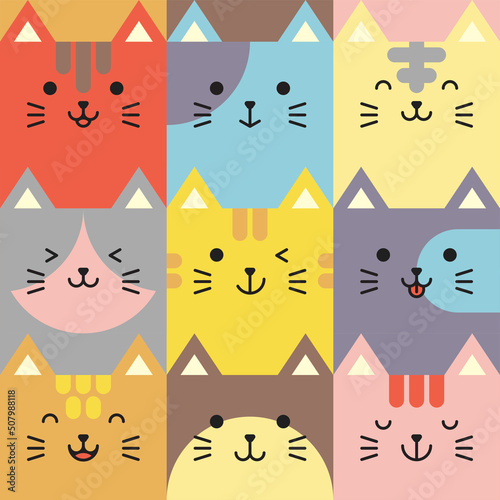 Set of various avatars of cat facial expressions. Adorable cute baby animal head vector illustration. Simple design of happy smiling animal cartoon face emoticon. Graphics and colorful backgrounds.