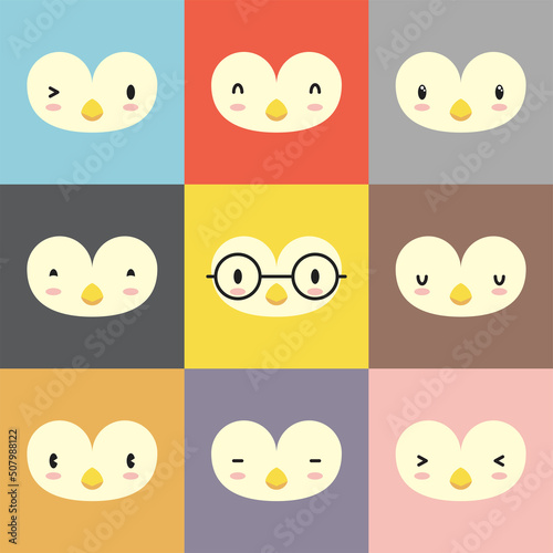 Set of various penguin facial expression avatars. Adorable cute baby animal head vector illustration. Simple flat design of happy smiling animal cartoon face emoticon. Colorful square background.
