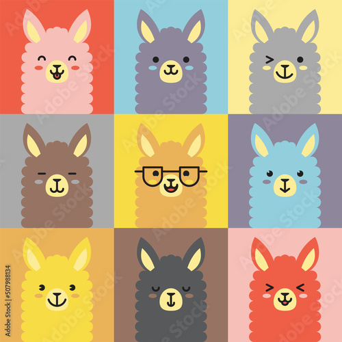 Set of various llama facial expression avatars. Adorable cute baby animal head vector illustration. Simple design of happy smiling animal cartoon face emoticon. Graphics and colorful backgrounds.