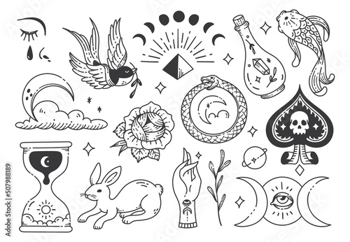 Various tattoo element doodle isolated on white
