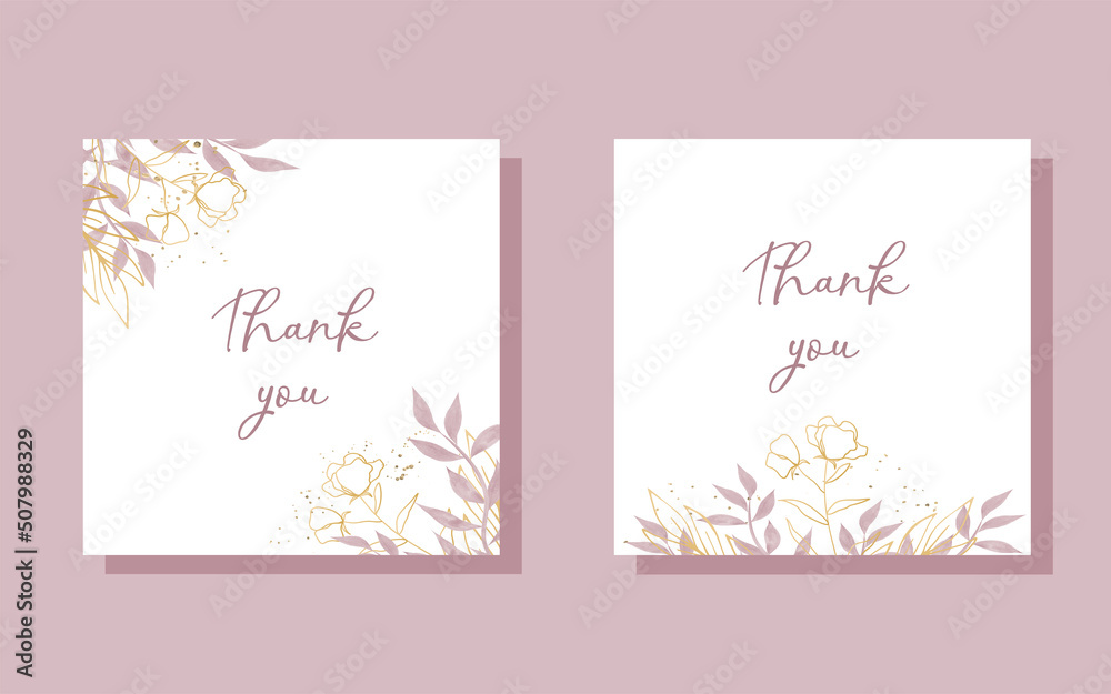 Leaves on a greeting, thank you card. Watercolour in gold and pink tones. The inscription thank you.