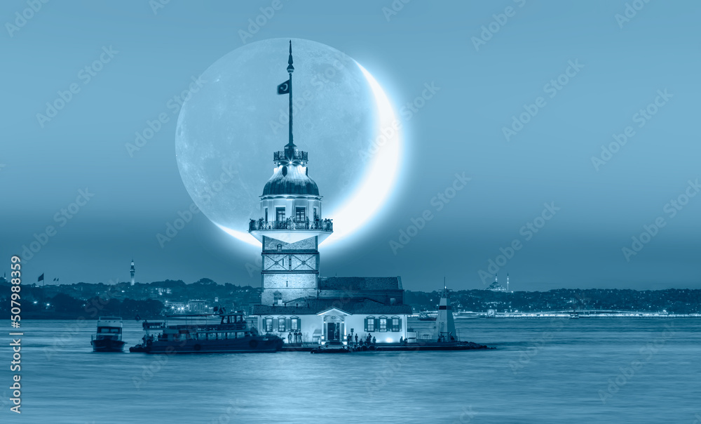 Istanbul Maiden Tower (kiz kulesi) with majestic crescent moon - Istanbul, Turkey