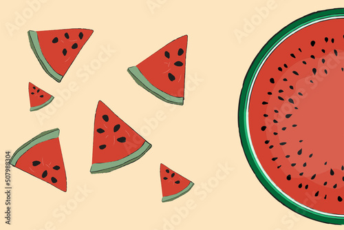 hand-drawn watermelon and watermelon slices on a beige vintage background. vector illustration