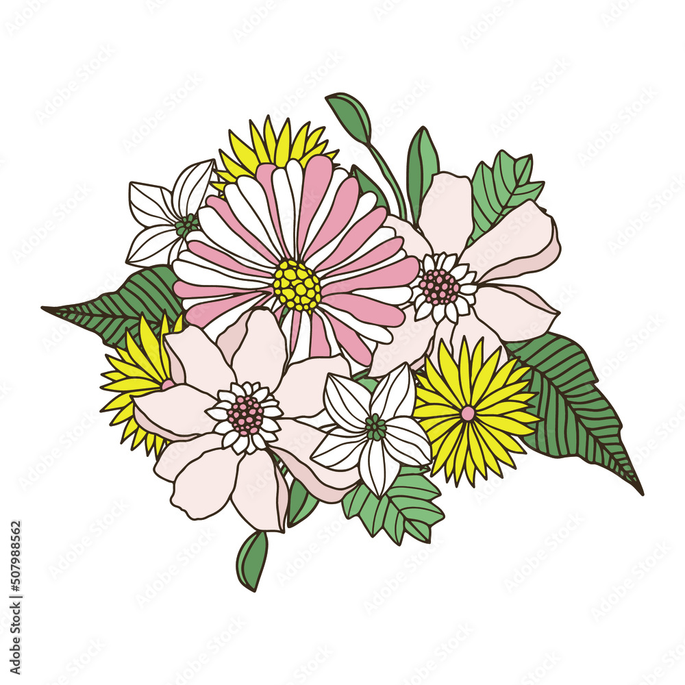 Groovy retro floral composition. Hand drawn 70s,60s  vintage style floral bouquet isolated on white. Vector illustration
