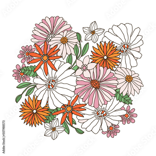 Groovy retro floral composition. Hand drawn 70s vintage style floral bouquet isolated on white. Vector illustration