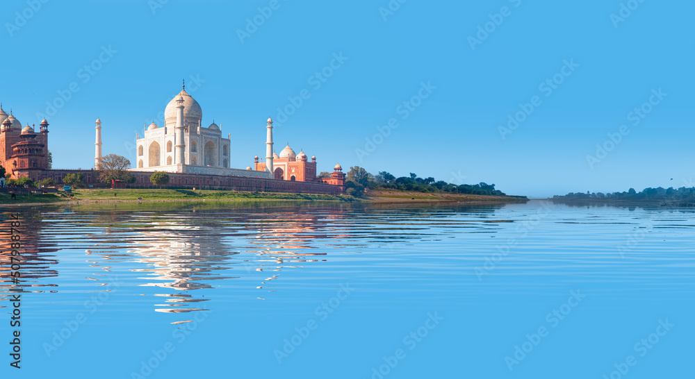 Taj Mahal mausoleum reflected in Yamuna river - Agra, Uttar Pradesh, India