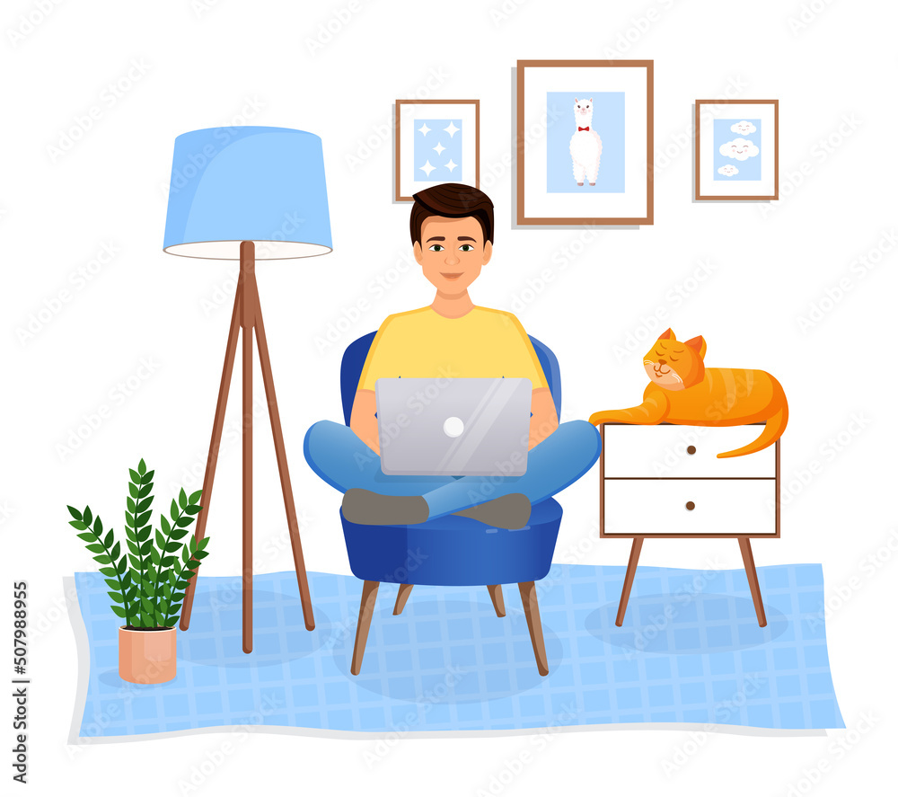 Fototapeta premium Man is sitting on a chair at home at a laptop computer. Remote work, office at home, programming, freelance. Study at home in quarantine. Vector illustration. Cozy interior with a cat.