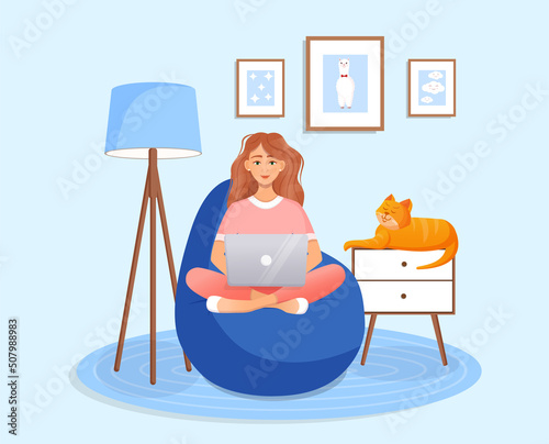Woman is sitting on a bean bag chair at home at a laptop computer. Remote work, office at home, programming, freelance. Study at home in quarantine. Vector illustration. Cozy interior with a cat.