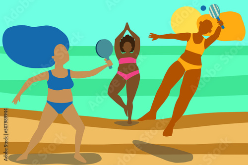 Vector. Ilustración mujeres diversas disfrutando del verano. Mujeres jugando a las palas en la arena, de fondo una mujer hace yoga delante del mar.